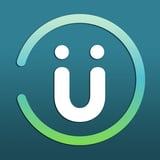 Stylized smiley face icon with U-shaped mouth and two dots for eyes, surrounded by a circular gradient border in teal and green