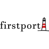 Firstport logo with text and red and white striped lighthouse icon