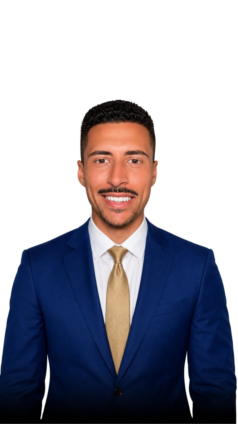 Professional portrait of a smiling man in a navy blazer, white shirt, and gold tie against a white background