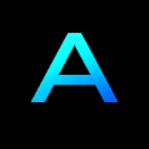 Cyan and blue gradient letter A logo with hollow center on black background