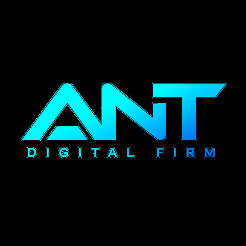 ANT Digital Firm logo with cyan blue geometric letters on black background